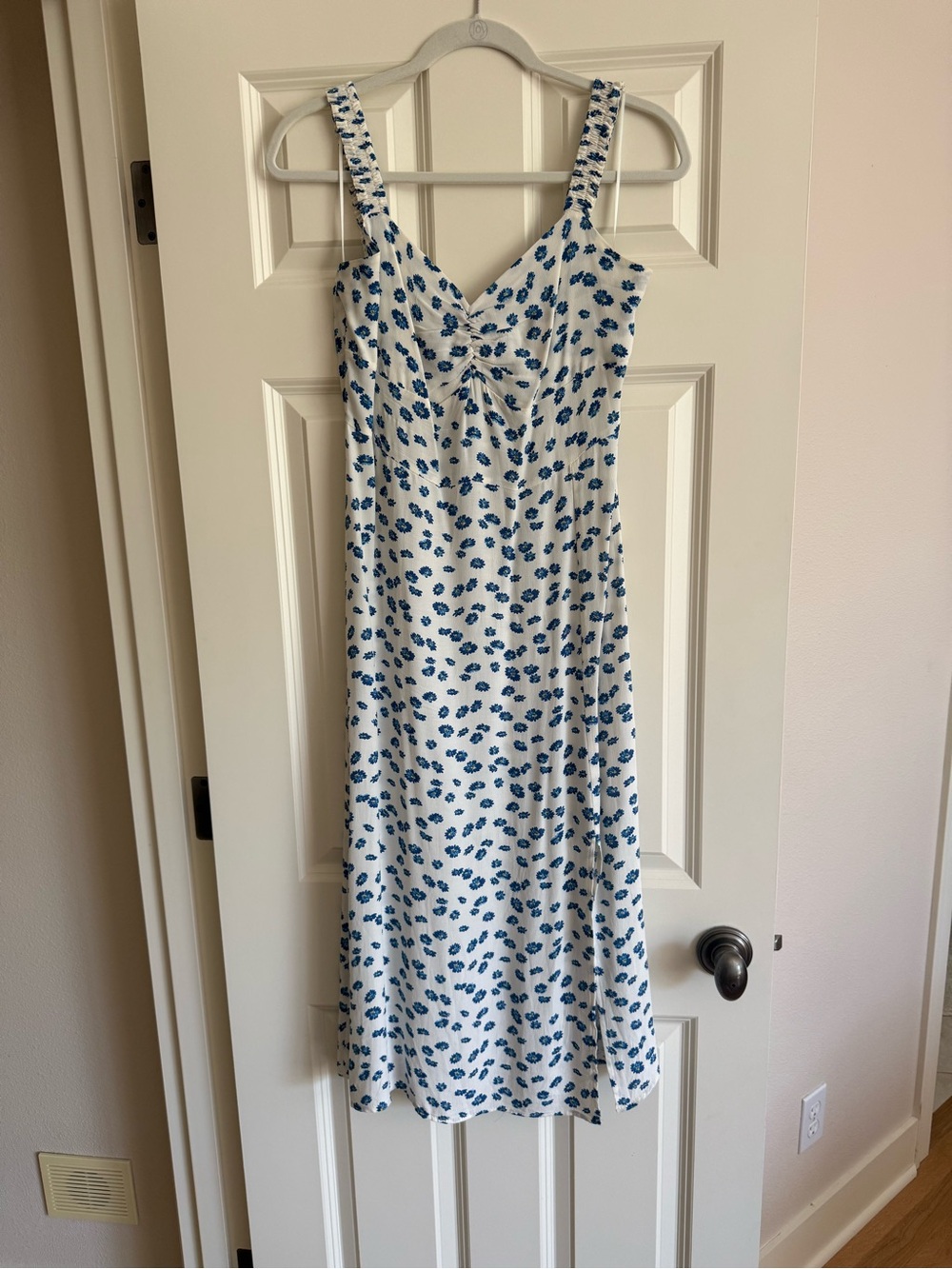 Blue Floral Midi Dress with Sweetheart Bodice